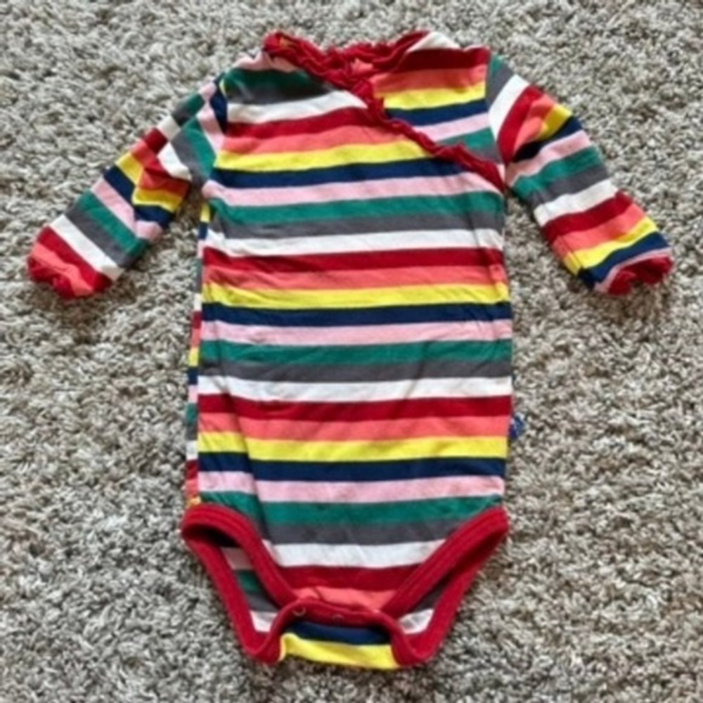 KicKee Pants Bamboo 6-12 Months Striped Ruffle Trim Long Sleeve Baby‎ Bodysuit